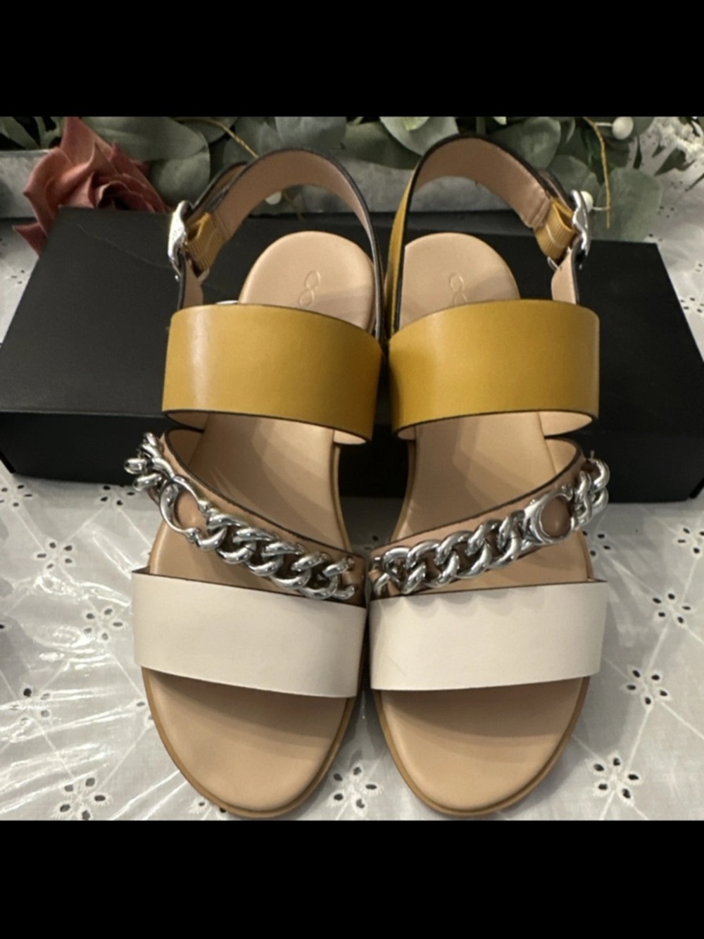 Coach Two-Tone Chain Strap Sandals in Mustard & Cream Size 9.5